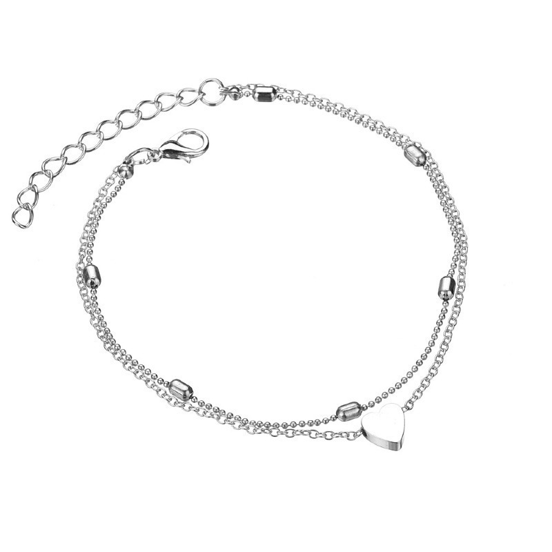Womens Double Layer Ankle Bracelet with Heart Pendant